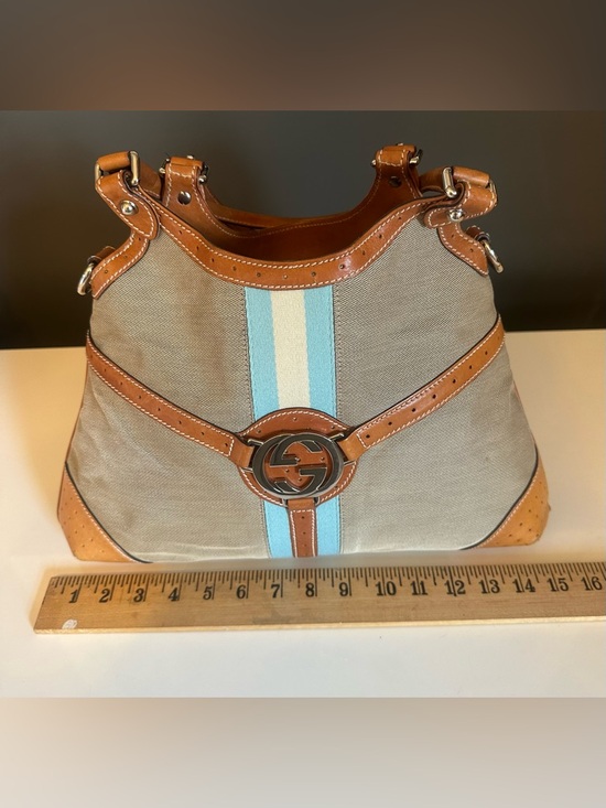 GUCCI GG Rains Hobo Canvas Leather Beige Blue Stripe Jackie Silver Hardware Rein - Picture 7 of 12